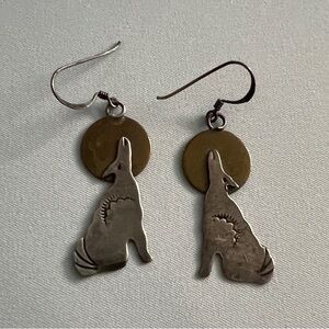 Native American Vintage Sterling Silver Hand Stamped Wolf Howling Moon Earrings